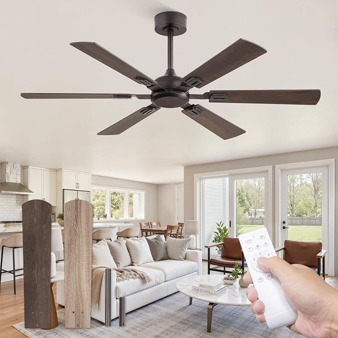 52 Inch Ceiling Fans No Light with Remote, Modern Ceiling Fan Without Light, Dual Finish 6 Blades, Reversible DC Motor, 6