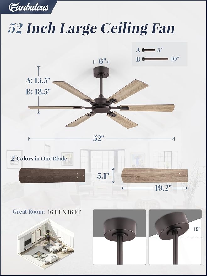 52 Inch Ceiling Fans No Light with Remote, Modern Ceiling Fan Without Light, Dual Finish 6 Blades, Reversible DC Motor, 6