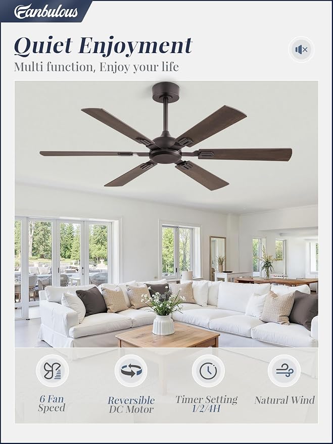 52 Inch Ceiling Fans No Light with Remote, Modern Ceiling Fan Without Light, Dual Finish 6 Blades, Reversible DC Motor, 6