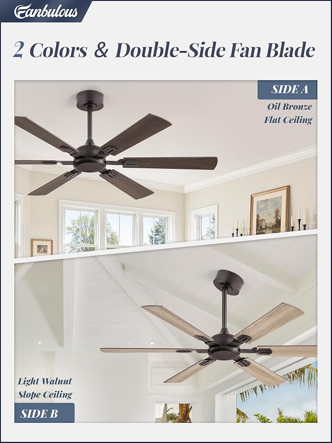 52 Inch Ceiling Fans No Light with Remote, Modern Ceiling Fan Without Light, Dual Finish 6 Blades, Reversible DC Motor, 6