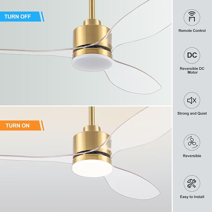 52 Inch Ceiling Fans with LED Light Remote Control, Modern Ceiling Fan with Reversible DC Motor, 3 Blades and 3 Color