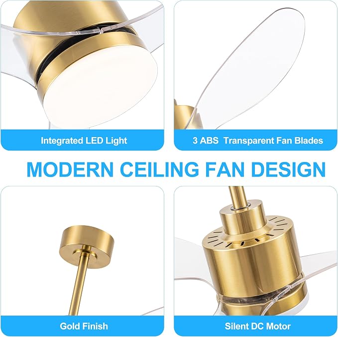 52 Inch Ceiling Fans with LED Light Remote Control, Modern Ceiling Fan with Reversible DC Motor, 3 Blades and 3 Color