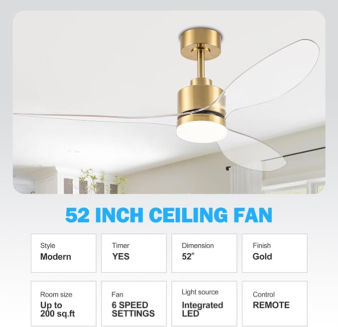 52 Inch Ceiling Fans with LED Light Remote Control, Modern Ceiling Fan with Reversible DC Motor, 3 Blades and 3 Color