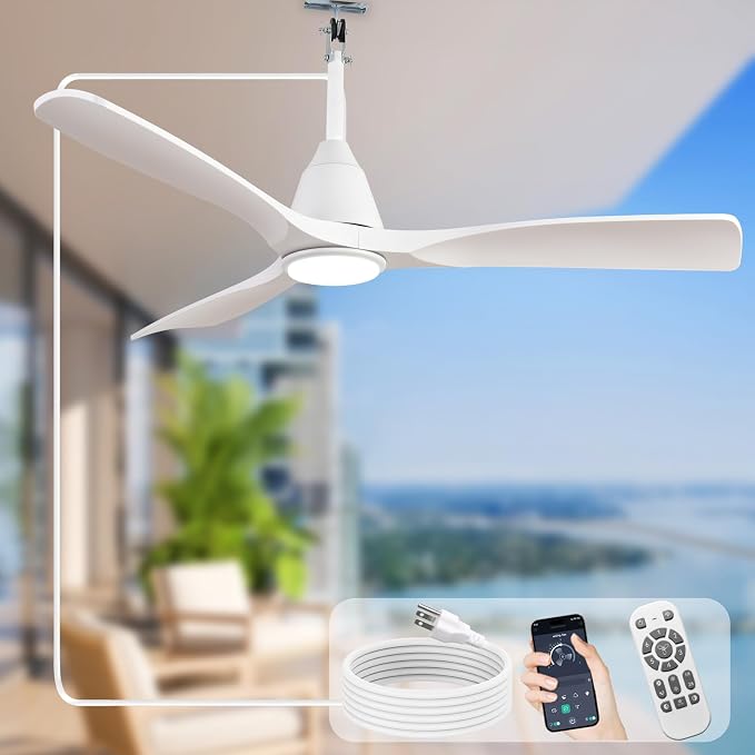 52-inch Ceiling Fans with Light: White Outdoor Ceiling Fans with Remote APP Control - LED Gazebo Fans Light Fixture - Plug in