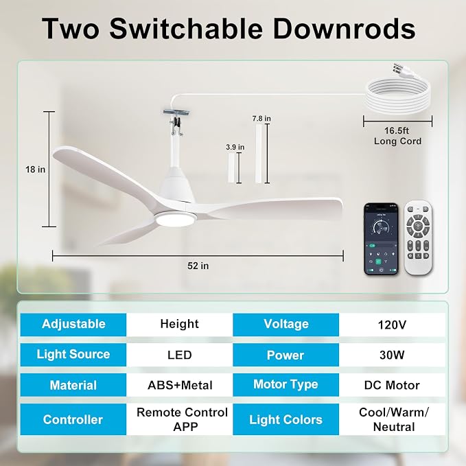 52-inch Ceiling Fans with Light: White Outdoor Ceiling Fans with Remote APP Control - LED Gazebo Fans Light Fixture - Plug in