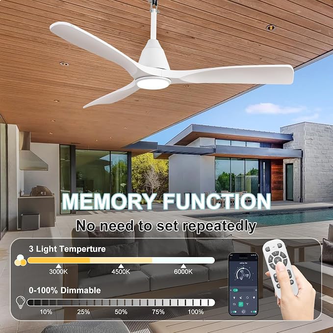 52-inch Ceiling Fans with Light: White Outdoor Ceiling Fans with Remote APP Control - LED Gazebo Fans Light Fixture - Plug in