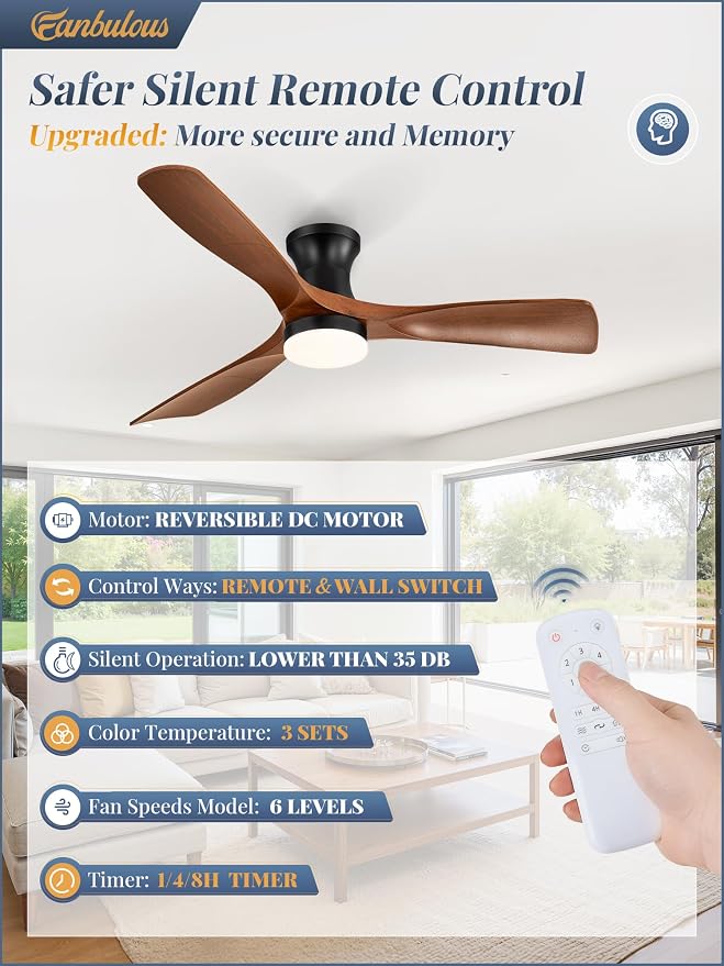 52 Inch Ceiling Fans with Lights and Remote, 3 Blades Flush Mount Low Profile Ceiling fan, Efficient 3475 CFM, alternate view