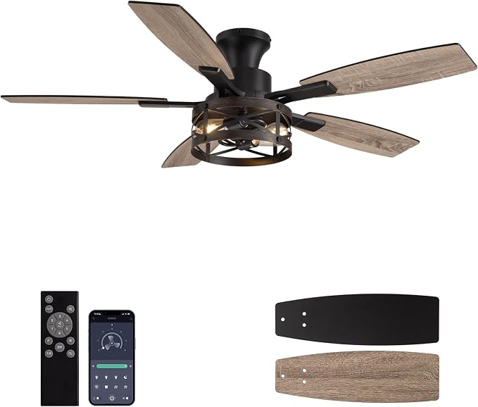52 Inch Ceiling Fans with Lights and Remote & APP Control, Farmhouse Ceiling Fan with LED Lighting for Bedroom Living Room