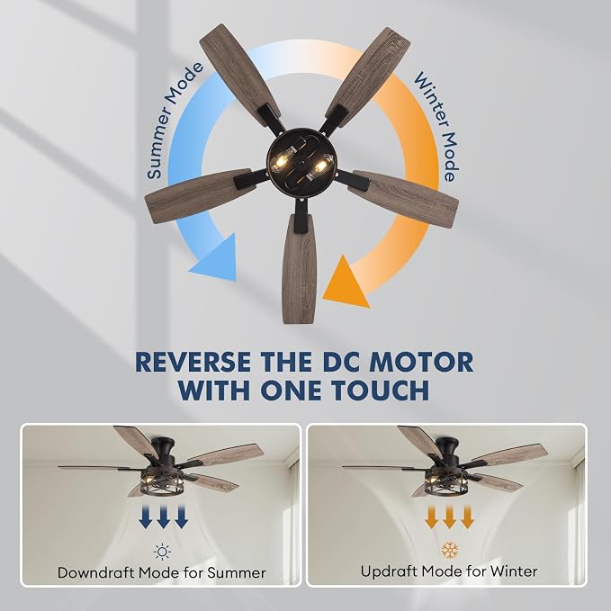 52 Inch Ceiling Fans with Lights and Remote & APP Control, Farmhouse Ceiling Fan with LED Lighting for Bedroom Living Room