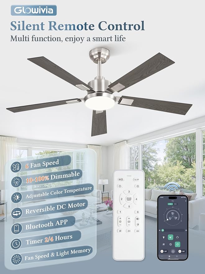 52 Inch Ceiling Fans with Lights and Remote&APP Control, Brushed Nickel Smart Ceiling Fan with 3000-6000K Dimmable, 6 Speeds