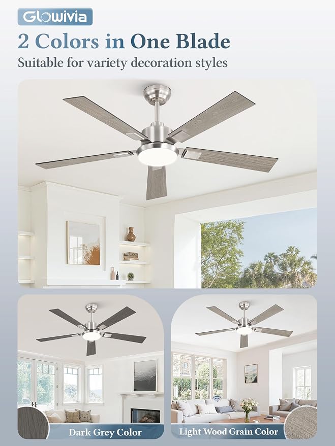 52 Inch Ceiling Fans with Lights and Remote&APP Control, Brushed Nickel Smart Ceiling Fan with 3000-6000K Dimmable, 6 Speeds