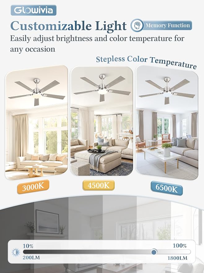 52 Inch Ceiling Fans with Lights and Remote&APP Control, Brushed Nickel Smart Ceiling Fan with 3000-6000K Dimmable, 6 Speeds