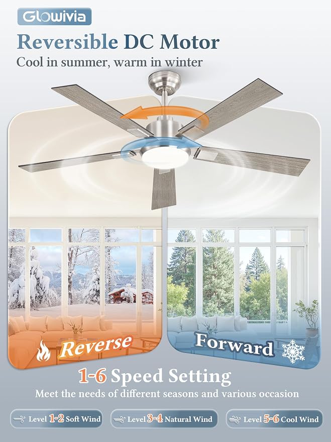 52 Inch Ceiling Fans with Lights and Remote&APP Control, Brushed Nickel Smart Ceiling Fan with 3000-6000K Dimmable, 6 Speeds