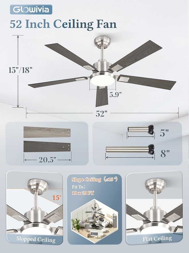 52 Inch Ceiling Fans with Lights and Remote&APP Control, Brushed Nickel Smart Ceiling Fan with 3000-6000K Dimmable, 6 Speeds