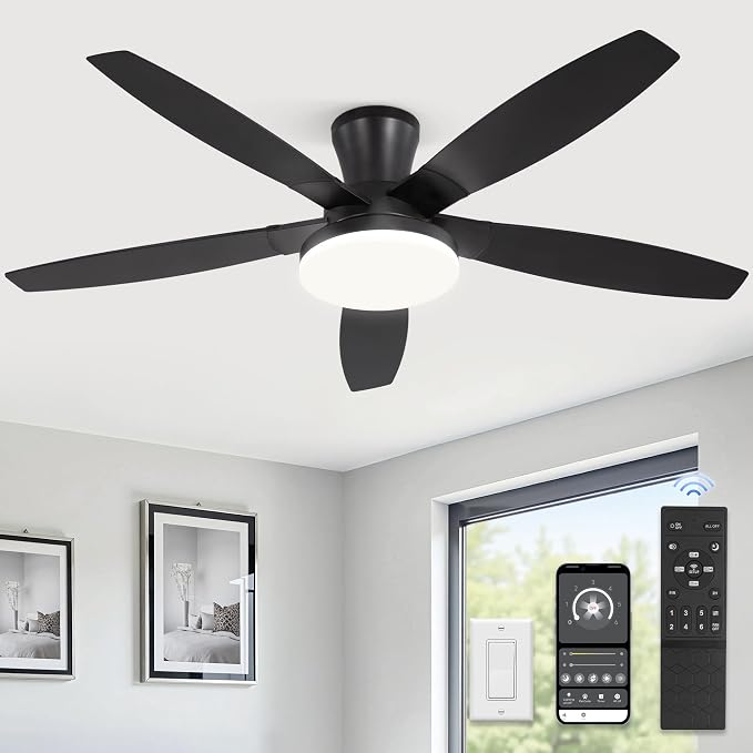 52 inch Ceiling Fans with Lights and Remote/APP Control,Black Low Profile Ceiling Fan with Light,Quiet DC Motor,LED Dimmable