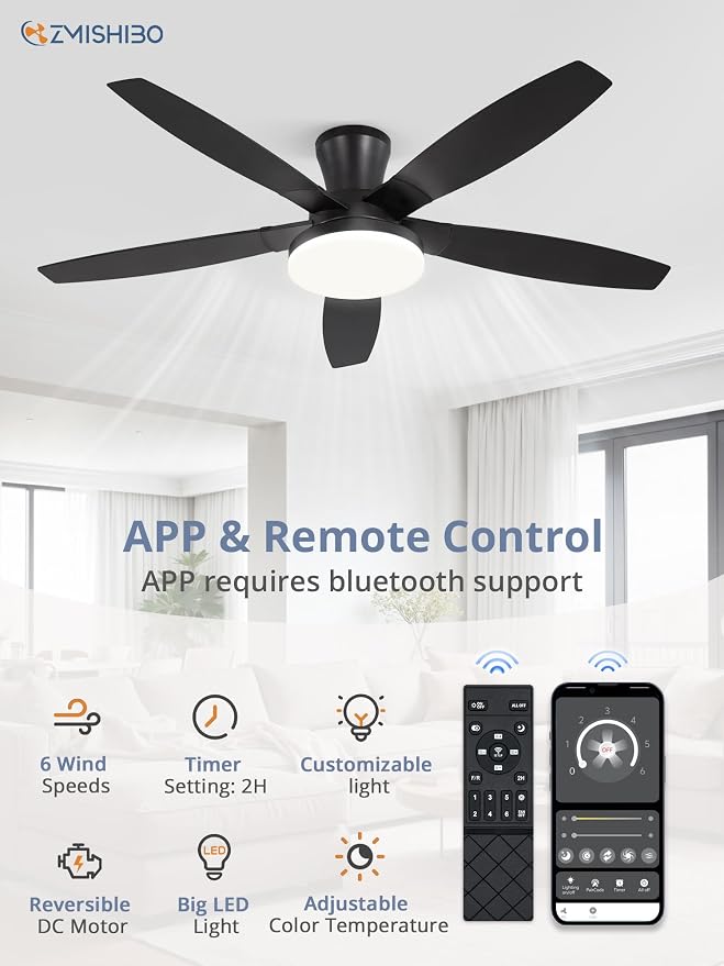 52 inch Ceiling Fans with Lights and Remote/APP Control,Black Low Profile Ceiling Fan with Light,Quiet DC Motor,LED Dimmable
