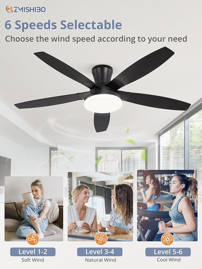 52 inch Ceiling Fans with Lights and Remote/APP Control,Black Low Profile Ceiling Fan with Light,Quiet DC Motor,LED Dimmable