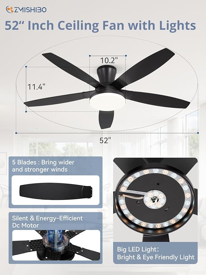 52 inch Ceiling Fans with Lights and Remote/APP Control,Black Low Profile Ceiling Fan with Light,Quiet DC Motor,LED Dimmable