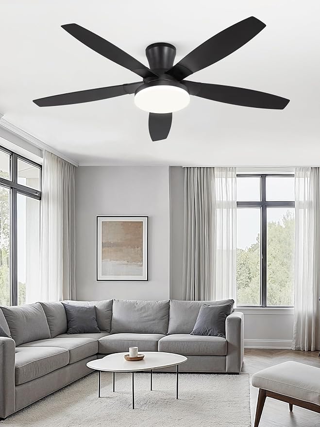 52 inch Ceiling Fans with Lights and Remote/APP Control,Black Low Profile Ceiling Fan with Light,Quiet DC Motor,LED Dimmable