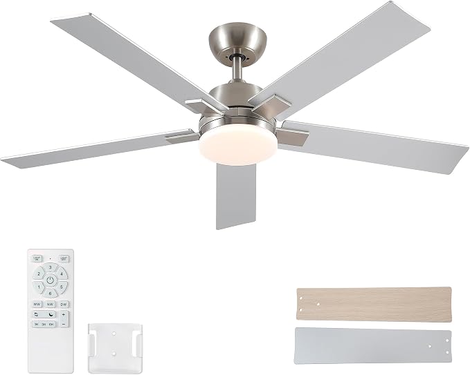 52 Inch Ceiling Fans with Lights and Remote, Brushed Nickel Ceiling Fan, 6 Speed Reversible DC Motor, 3CCT Dimmable LED