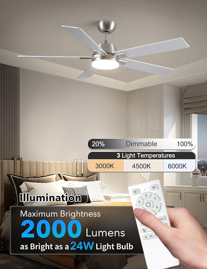 52 Inch Ceiling Fans with Lights and Remote, Brushed Nickel Ceiling Fan, 6 Speed Reversible DC Motor, 3CCT Dimmable LED
