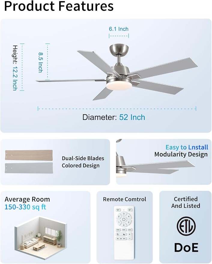 52 Inch Ceiling Fans with Lights and Remote, Brushed Nickel Ceiling Fan, 6 Speed Reversible DC Motor, 3CCT Dimmable LED