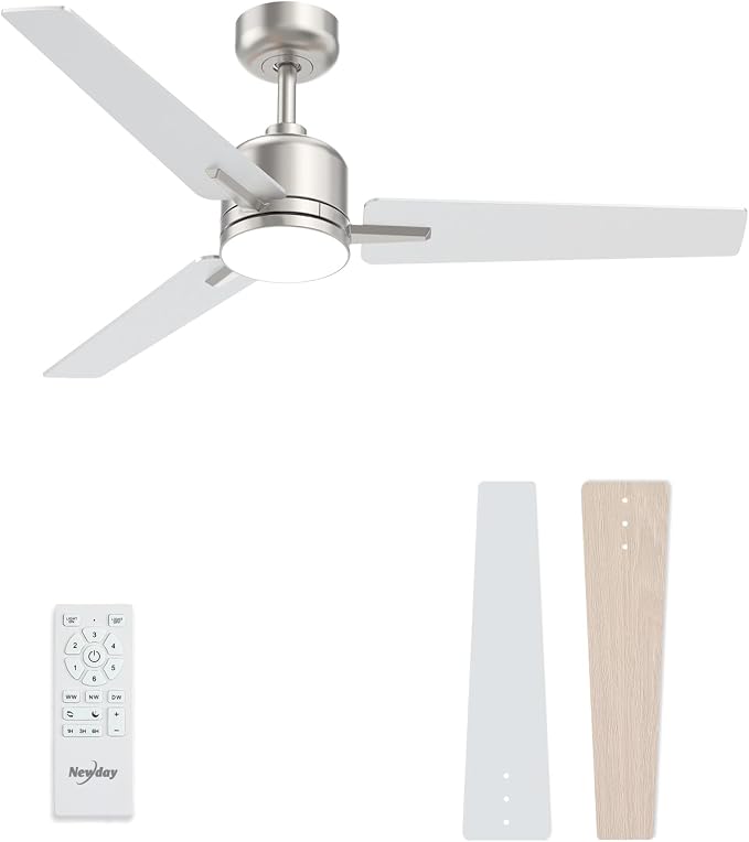 52 inch Ceiling Fans with Lights and Remote, Brushed Nickel Ceiling Fans Dimmable 3 Color Temperature, Timer, 3 Blades, 6