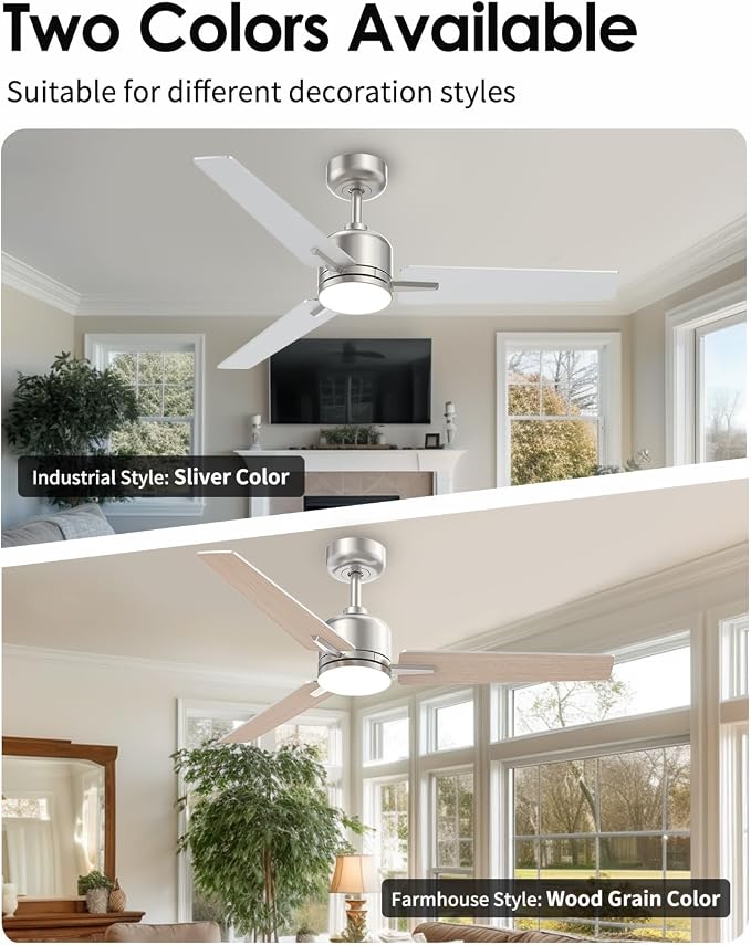 52 inch Ceiling Fans with Lights and Remote, Brushed Nickel Ceiling Fans Dimmable 3 Color Temperature, Timer, 3 Blades, 6