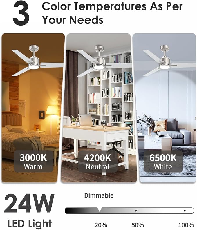 52 inch Ceiling Fans with Lights and Remote, Brushed Nickel Ceiling Fans Dimmable 3 Color Temperature, Timer, 3 Blades, 6