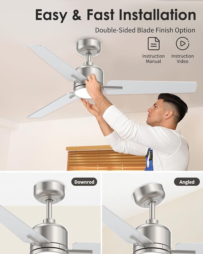 52 inch Ceiling Fans with Lights and Remote, Brushed Nickel Ceiling Fans Dimmable 3 Color Temperature, Timer, 3 Blades, 6