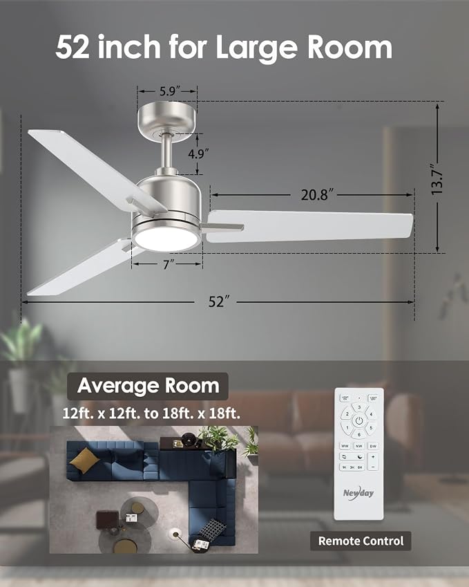 52 inch Ceiling Fans with Lights and Remote, Brushed Nickel Ceiling Fans Dimmable 3 Color Temperature, Timer, 3 Blades, 6
