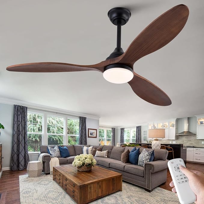52 inch Ceiling Fans with Lights and Remote Control, Dimmable LED Light, Indoor Outdoor Mordern Black Ceiling Fan with 3 Wood