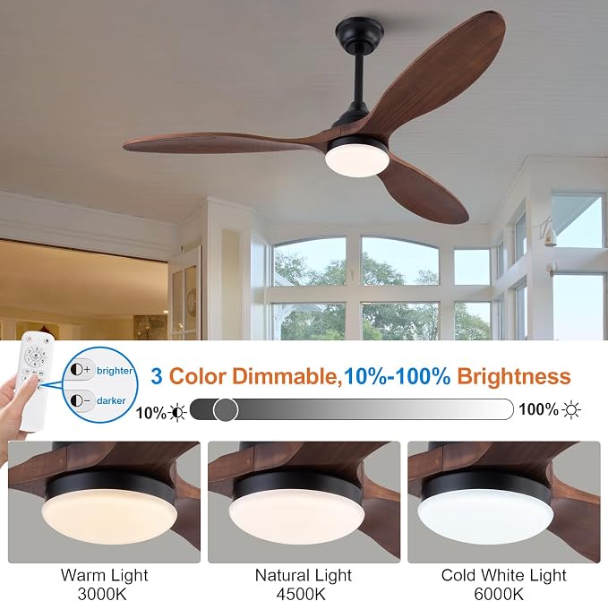 52 inch Ceiling Fans with Lights and Remote Control, Dimmable LED Light, Indoor Outdoor Mordern Black Ceiling Fan with 3 Wood