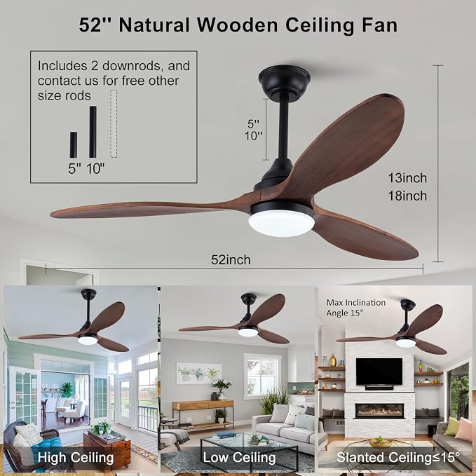 52 inch Ceiling Fans with Lights and Remote Control, Dimmable LED Light, Indoor Outdoor Mordern Black Ceiling Fan with 3 Wood
