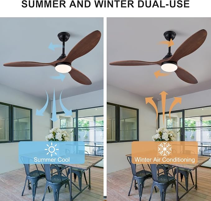 52 inch Ceiling Fans with Lights and Remote Control, Dimmable LED Light, Indoor Outdoor Mordern Black Ceiling Fan with 3 Wood