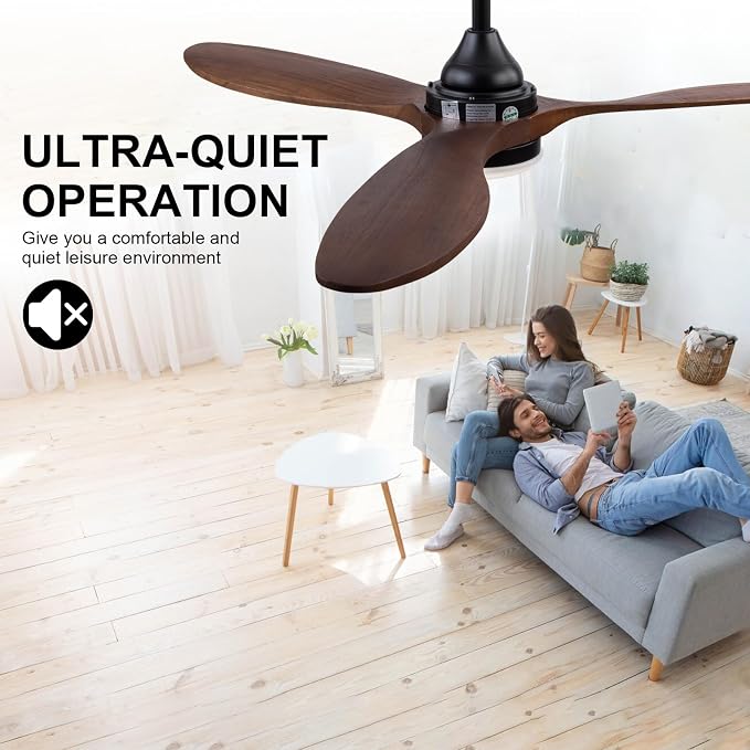 52 inch Ceiling Fans with Lights and Remote Control, Dimmable LED Light, Indoor Outdoor Mordern Black Ceiling Fan with 3 Wood
