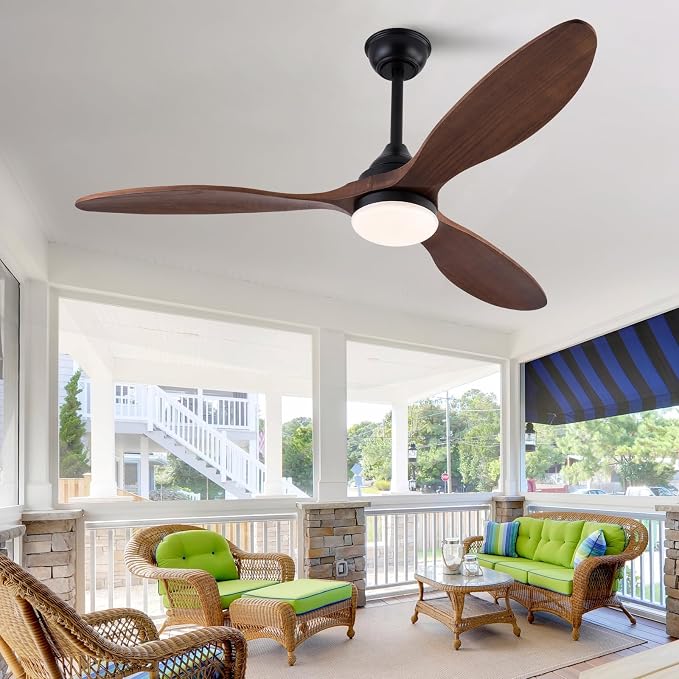 52 inch Ceiling Fans with Lights and Remote Control, Dimmable LED Light, Indoor Outdoor Mordern Black Ceiling Fan with 3 Wood