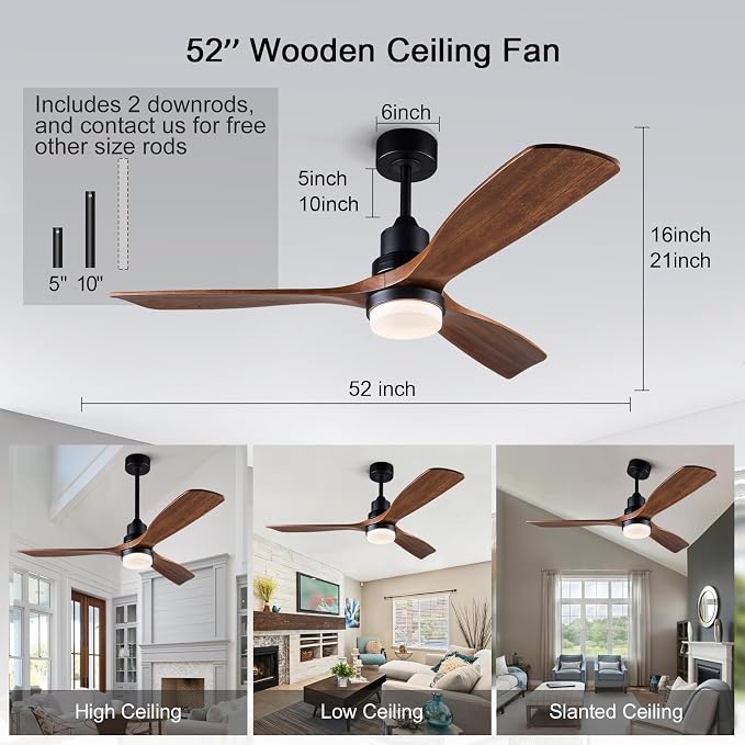 52 Inch Ceiling Fans with Lights and Remote Control, Outdoor Ceiling Fans for Patios; Black Ceiling Fan with Light for