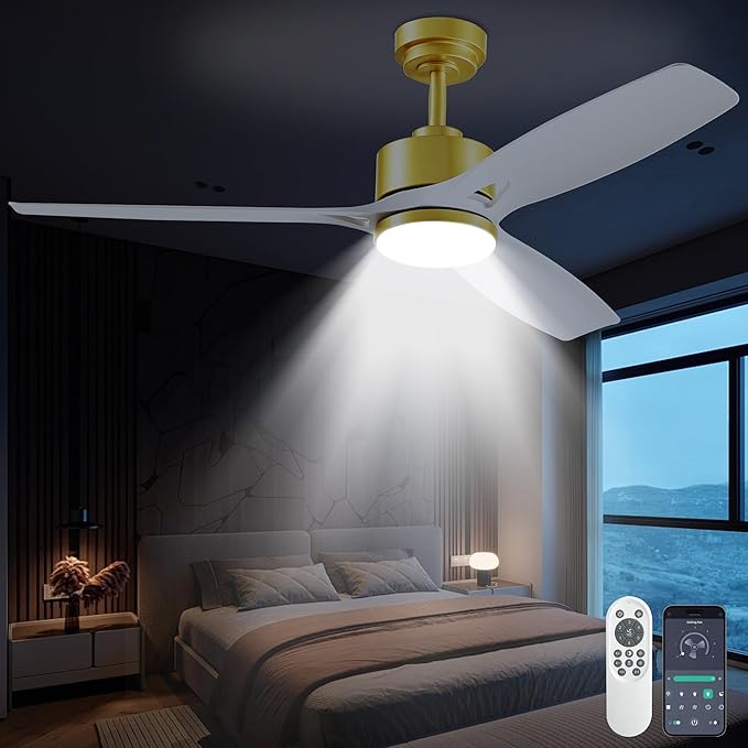 52 Inch Ceiling Fans with Lights and Remote Control - Outdoor Indoor Flush Mount Low Profile White Gold Ceiling Fans for