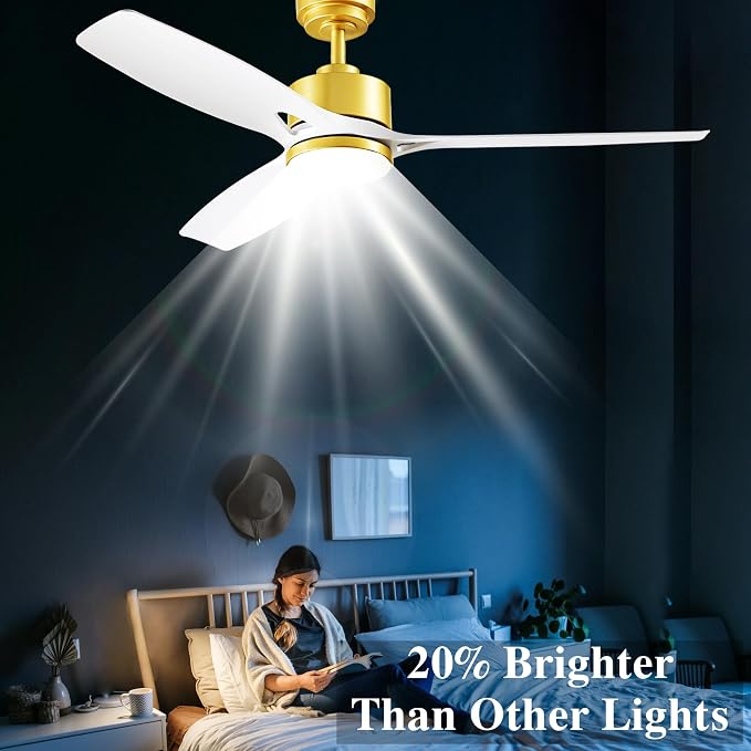 52 Inch Ceiling Fans with Lights and Remote Control - Outdoor Indoor Flush Mount Low Profile White Gold Ceiling Fans for