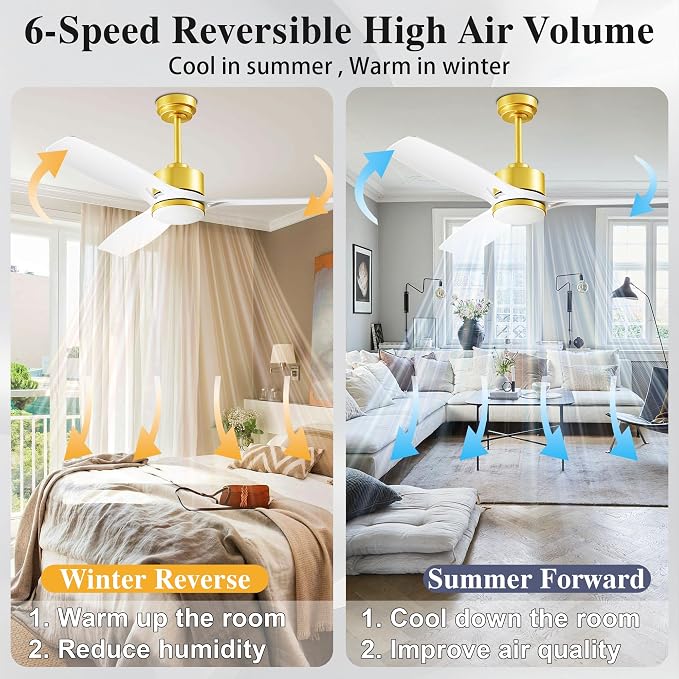 52 Inch Ceiling Fans with Lights and Remote Control - Outdoor Indoor Flush Mount Low Profile White Gold Ceiling Fans for
