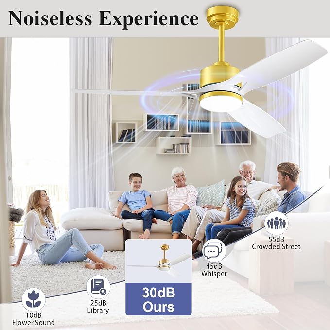 52 Inch Ceiling Fans with Lights and Remote Control - Outdoor Indoor Flush Mount Low Profile White Gold Ceiling Fans for
