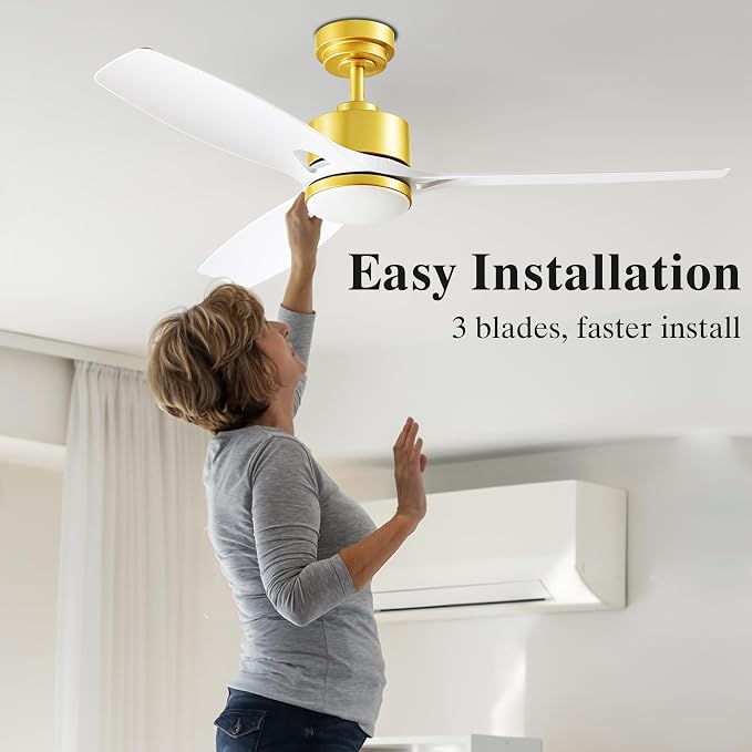 52 Inch Ceiling Fans with Lights and Remote Control - Outdoor Indoor Flush Mount Low Profile White Gold Ceiling Fans for