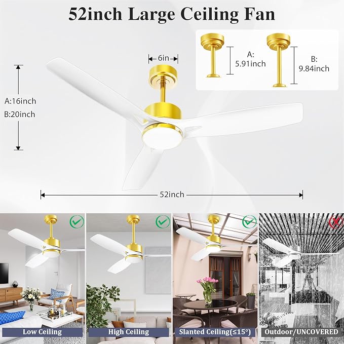 52 Inch Ceiling Fans with Lights and Remote Control - Outdoor Indoor Flush Mount Low Profile White Gold Ceiling Fans for