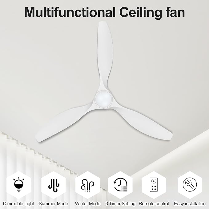 52 inch Ceiling Fans with Lights and Remote, Dimmable Ceiling Fans with Reversible Quiet DC Motor, Flush Mount, 3CCT, White