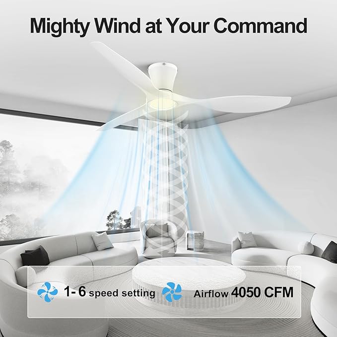 52 inch Ceiling Fans with Lights and Remote, Dimmable Ceiling Fans with Reversible Quiet DC Motor, Flush Mount, 3CCT, White