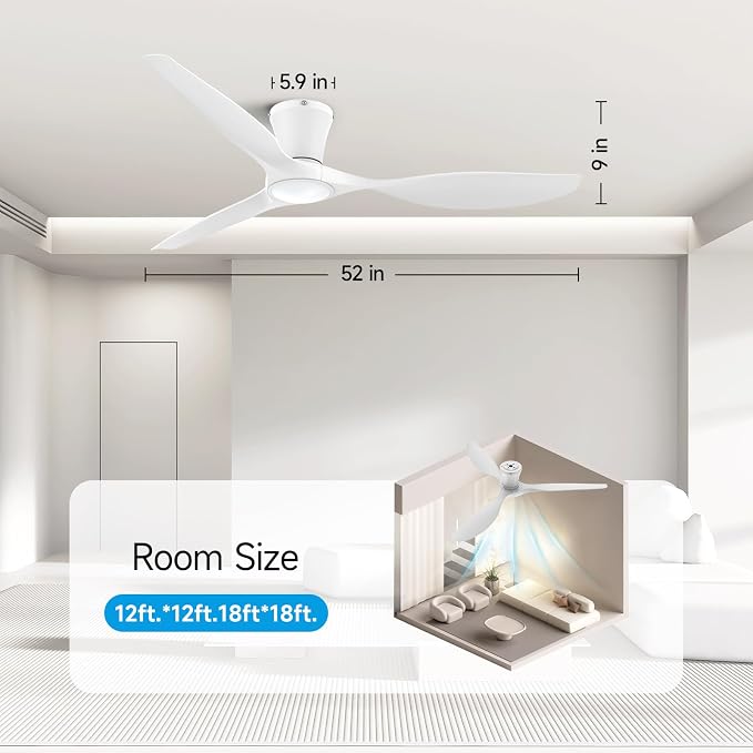 52 inch Ceiling Fans with Lights and Remote, Dimmable Ceiling Fans with Reversible Quiet DC Motor, Flush Mount, 3CCT, White