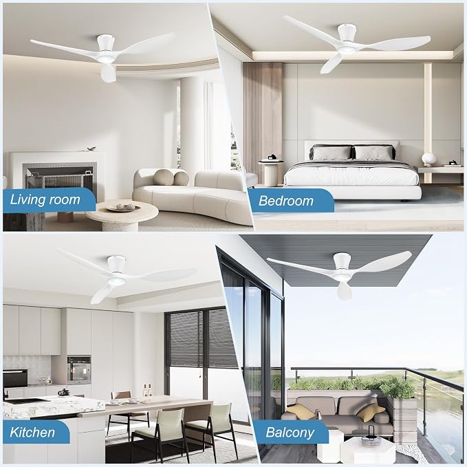 52 inch Ceiling Fans with Lights and Remote, Dimmable Ceiling Fans with Reversible Quiet DC Motor, Flush Mount, 3CCT, White