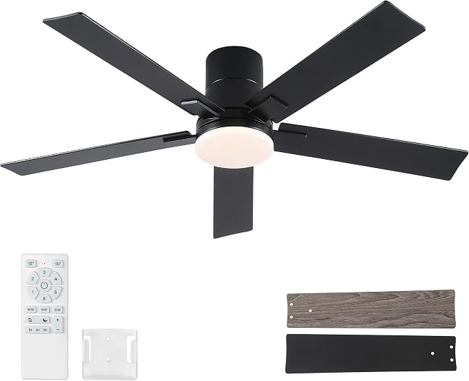 52 Inch Ceiling Fans with Lights and Remote,Flush Mount Black Ceiling Fan,6 Speed Reversible DC Motor,3CCT Dimmable LED-Low