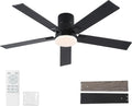 52 Inch Ceiling Fans with Lights and Remote,Flush Mount Black Ceiling Fan,6 Speed Reversible DC Motor,3CCT Dimmable LED-Low
